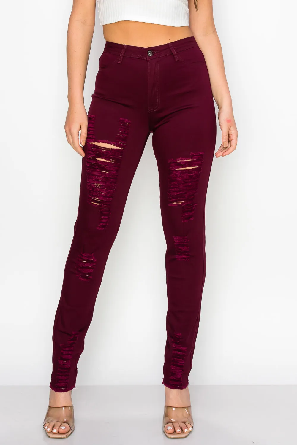 LV-420 BURGUNDY RIPPED SKINNY DENIM