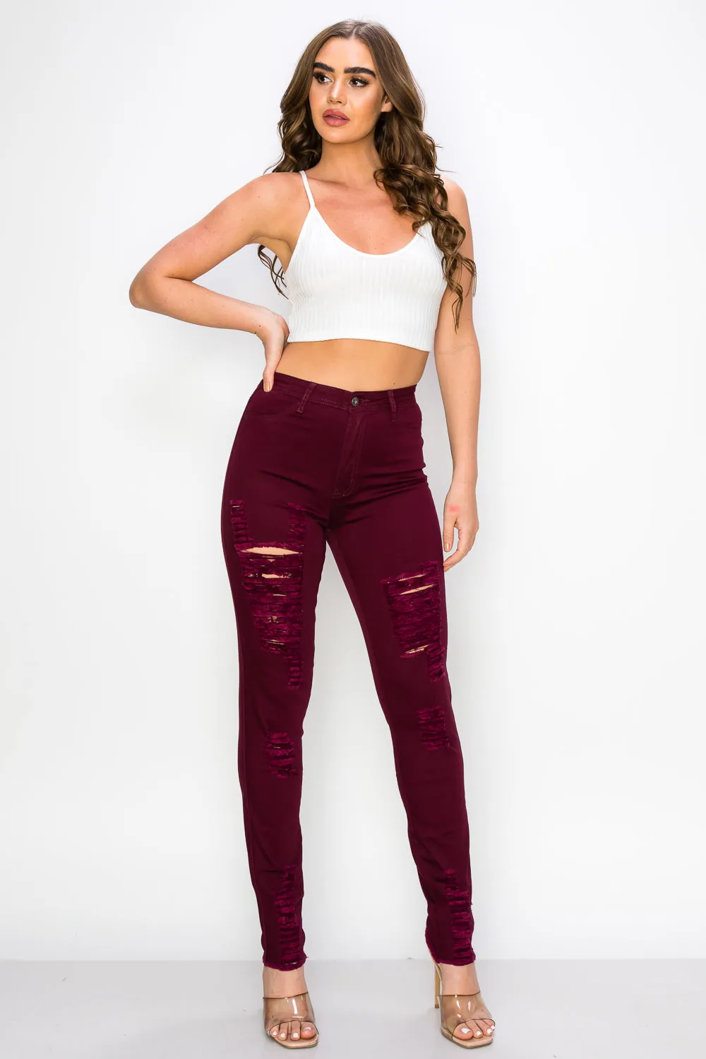 LV-420 BURGUNDY RIPPED SKINNY DENIM