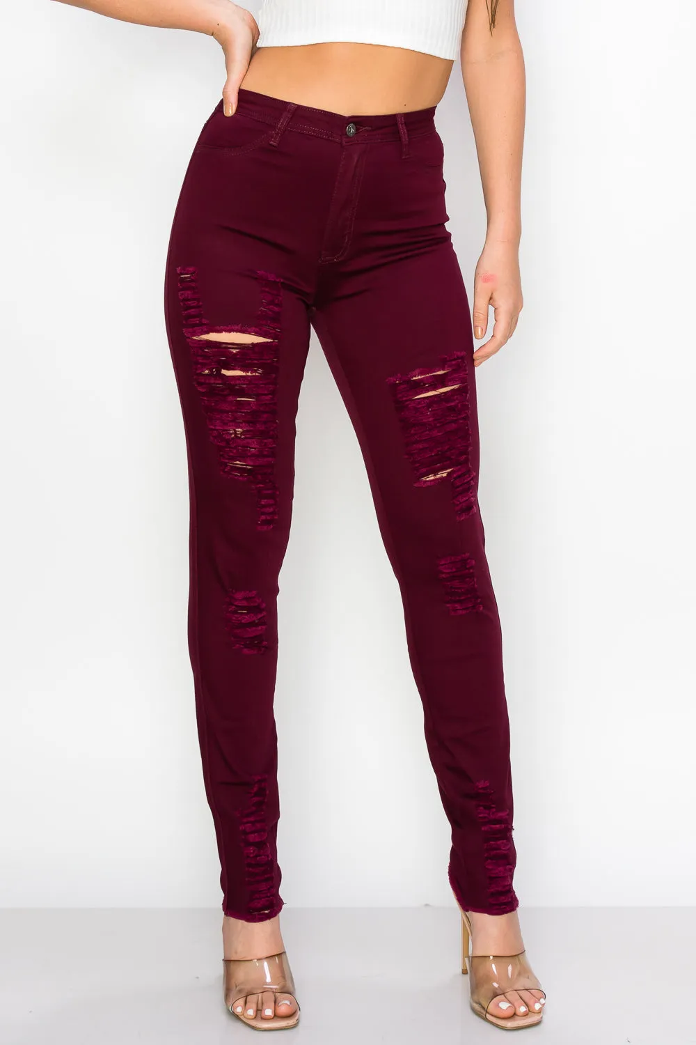 LV-420 BURGUNDY RIPPED SKINNY DENIM