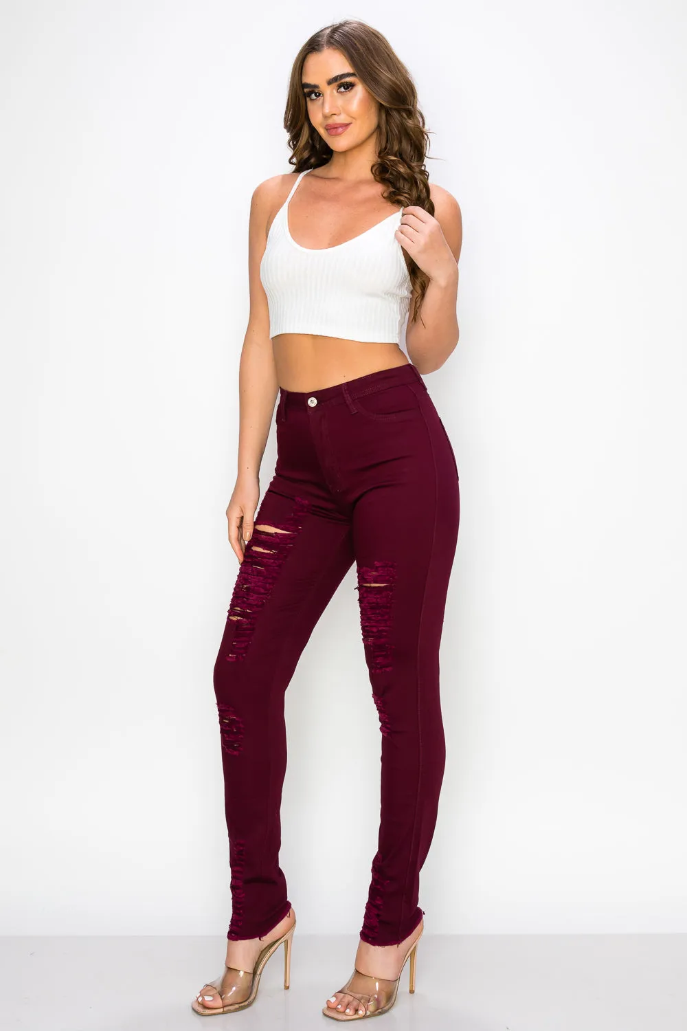 LV-420 BURGUNDY RIPPED SKINNY DENIM