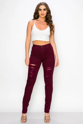 LV-420 BURGUNDY RIPPED SKINNY DENIM