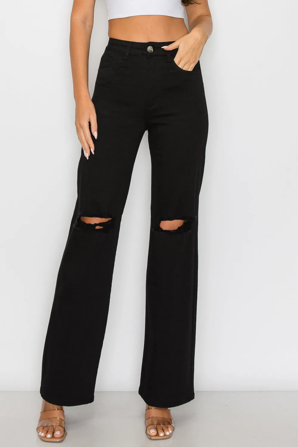LVB-230 BLACK HIGH WAISTED SUPER-STRETCH COLORED WIDE LEG JEANS