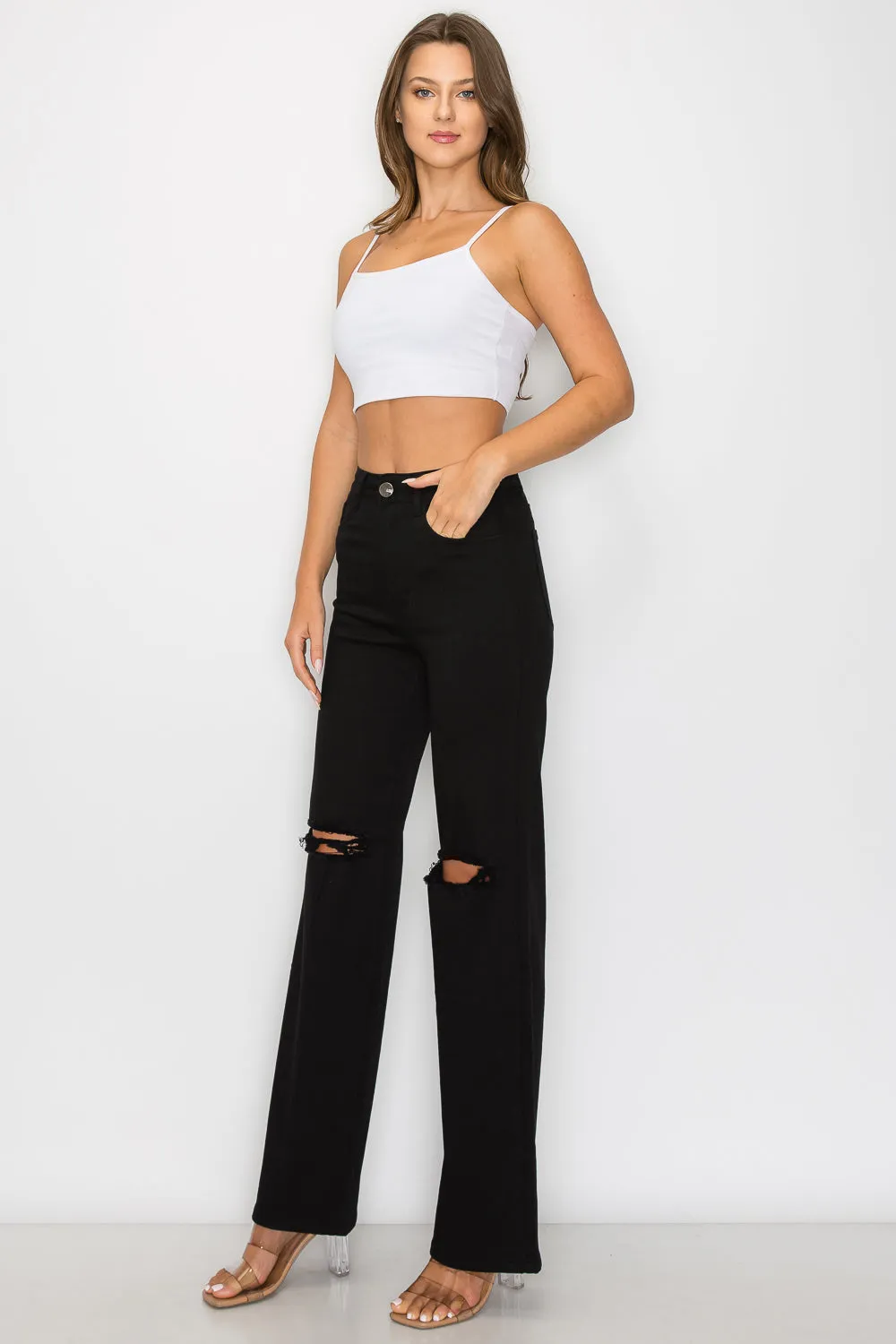 LVB-230 BLACK HIGH WAISTED SUPER-STRETCH COLORED WIDE LEG JEANS