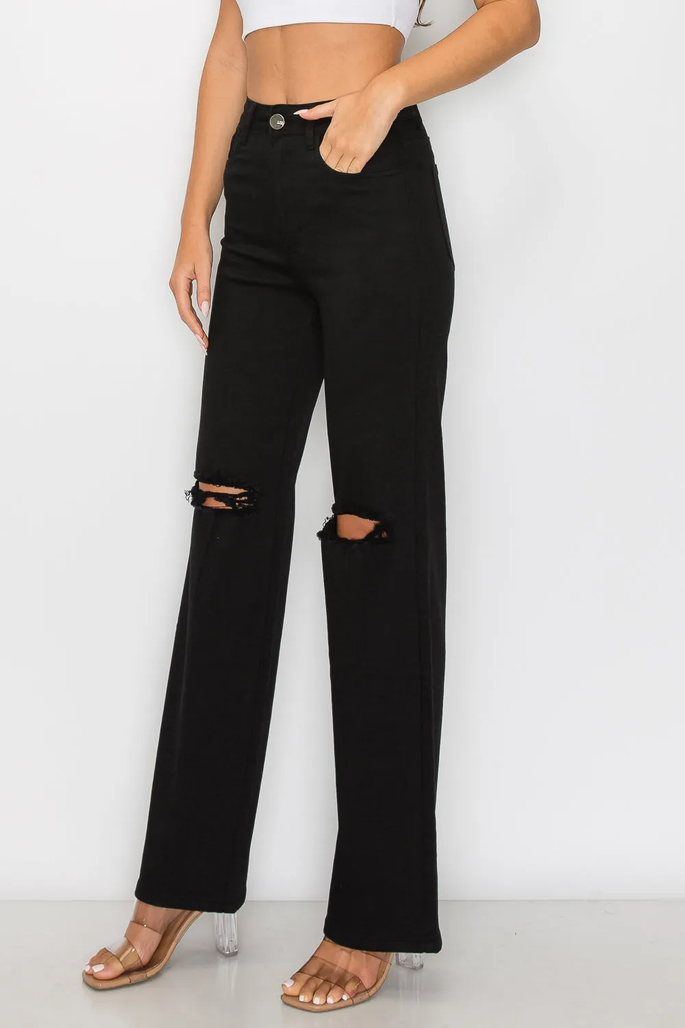 LVB-230 BLACK HIGH WAISTED SUPER-STRETCH COLORED WIDE LEG JEANS