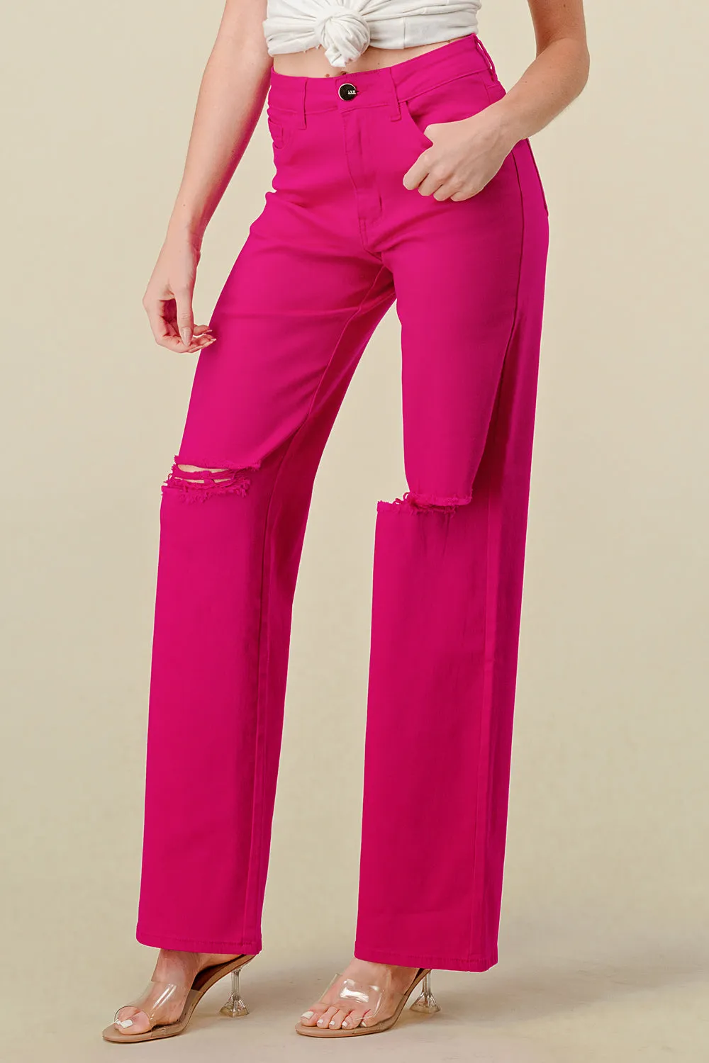 LVB-230 MAGENTA HIGH WAISTED SUPER-STRETCH COLORED WIDE LEG JEANS