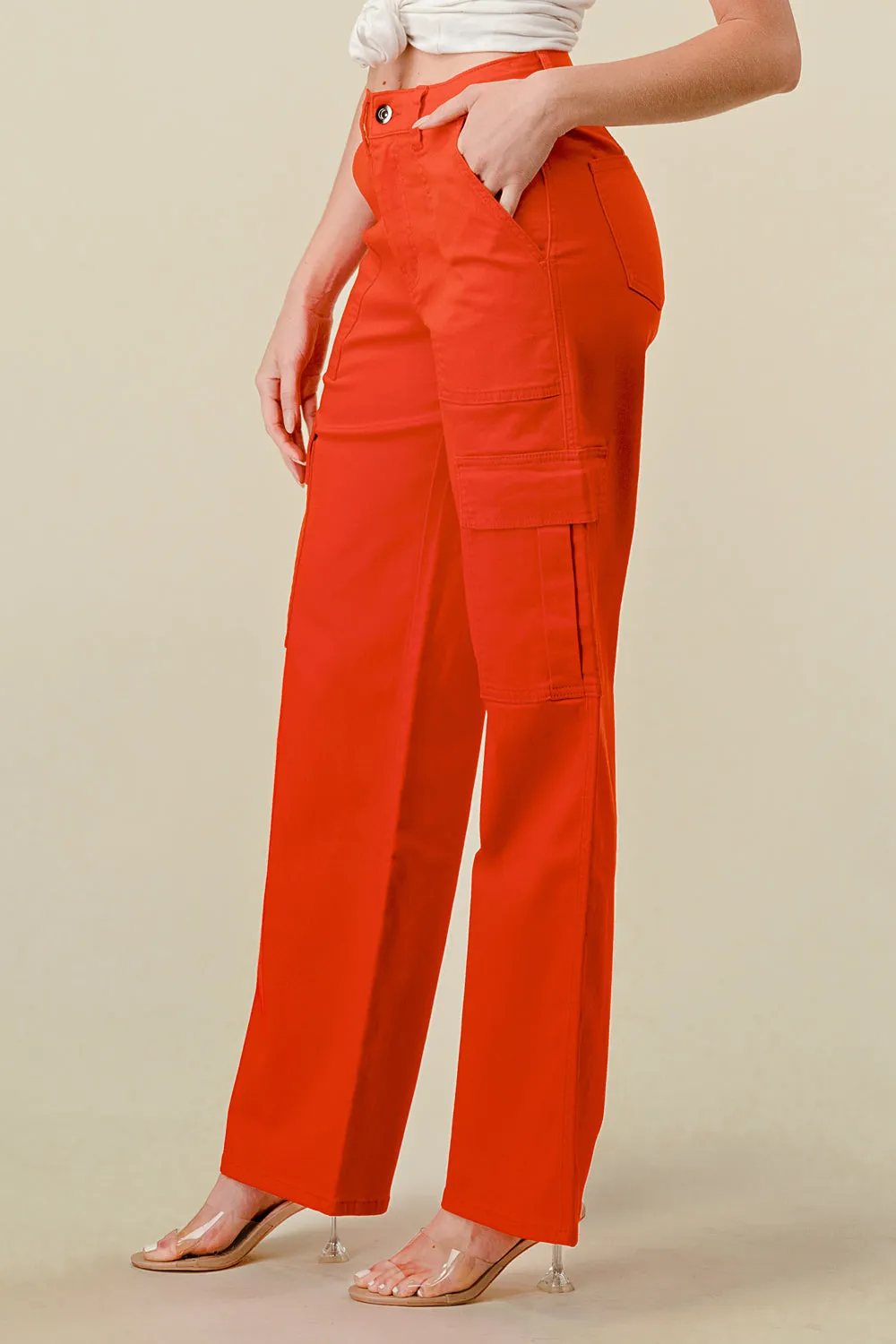 LVB-600 TANGERINE HIGH WAISTED SUPER-STRETCH COLORED CARGO PANTS