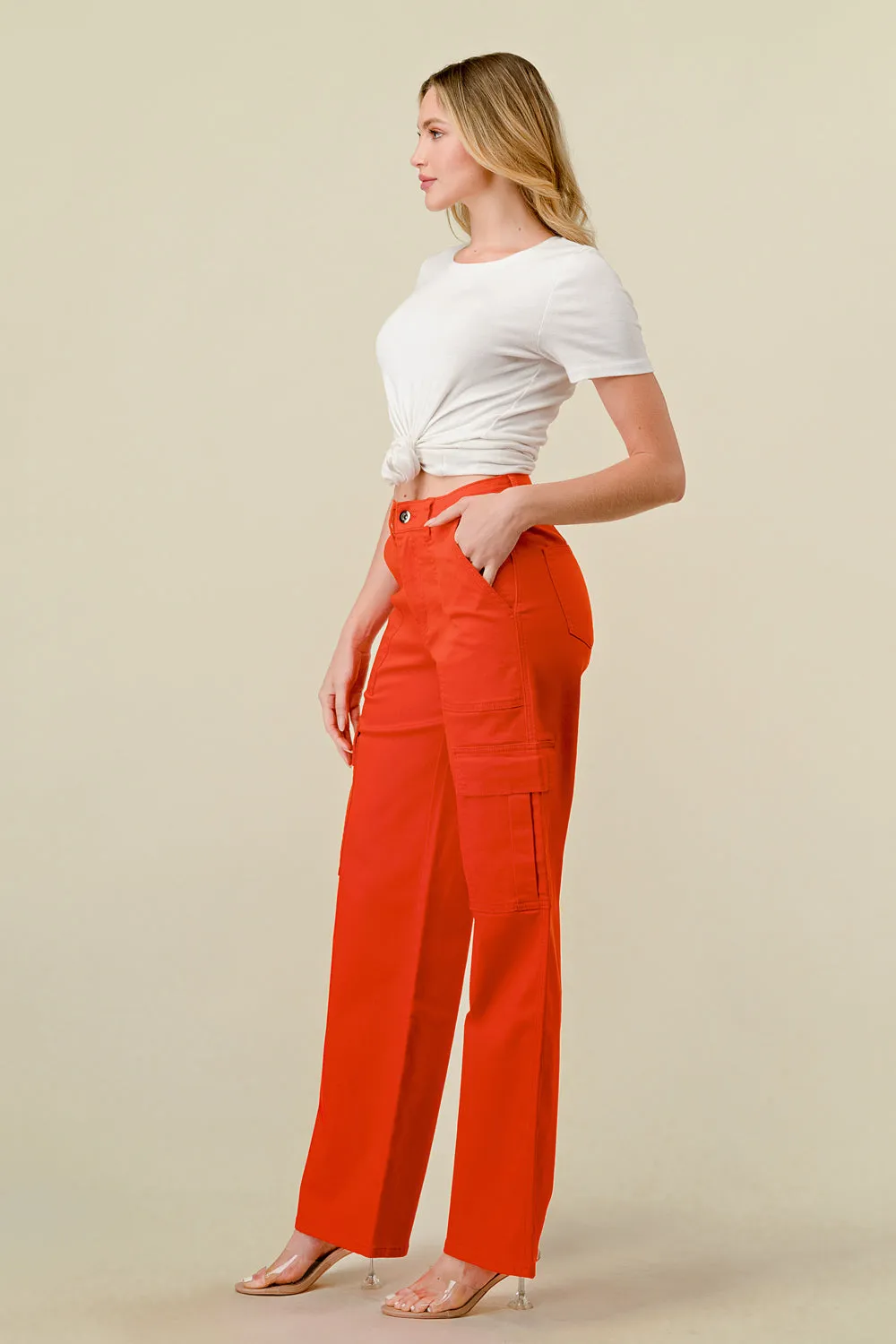 LVB-600 TANGERINE HIGH WAISTED SUPER-STRETCH COLORED CARGO PANTS
