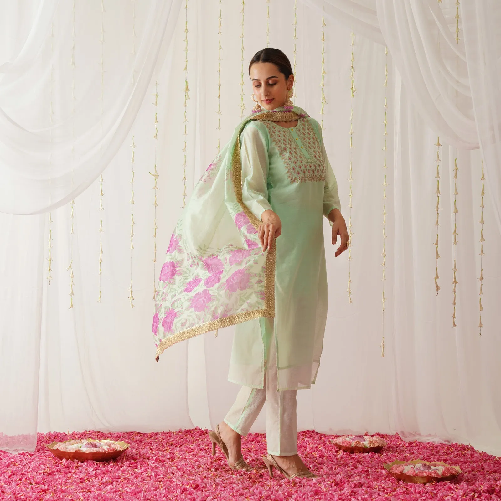 Mint Embroidered Chanderi Kurta Set for Women