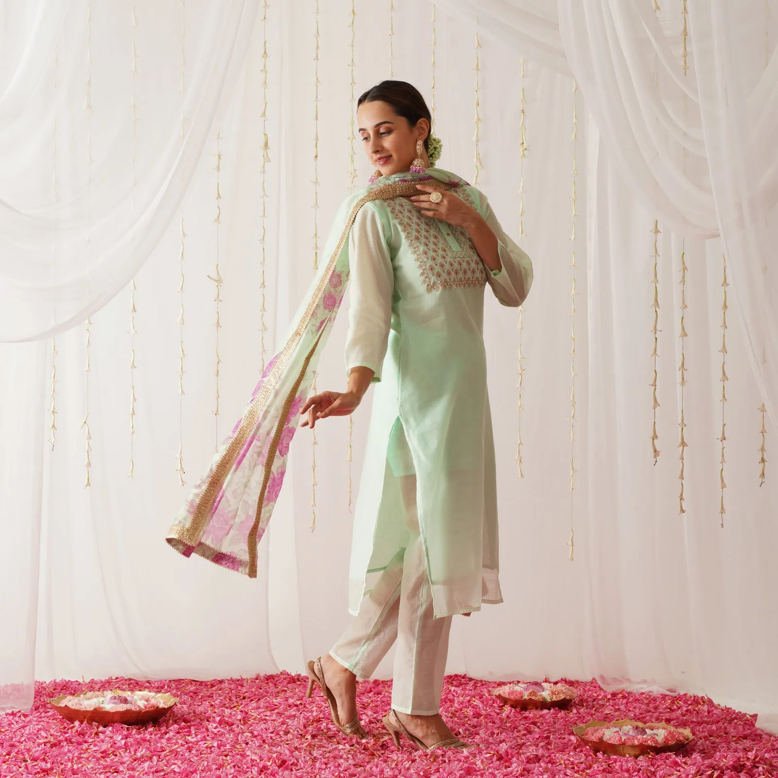 Mint Embroidered Chanderi Kurta Set for Women