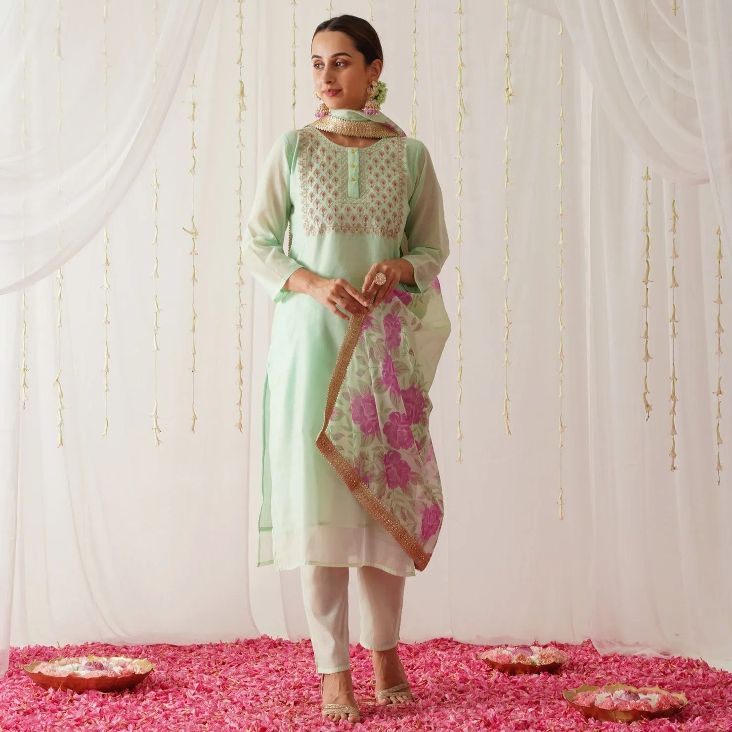 Mint Embroidered Chanderi Kurta Set for Women