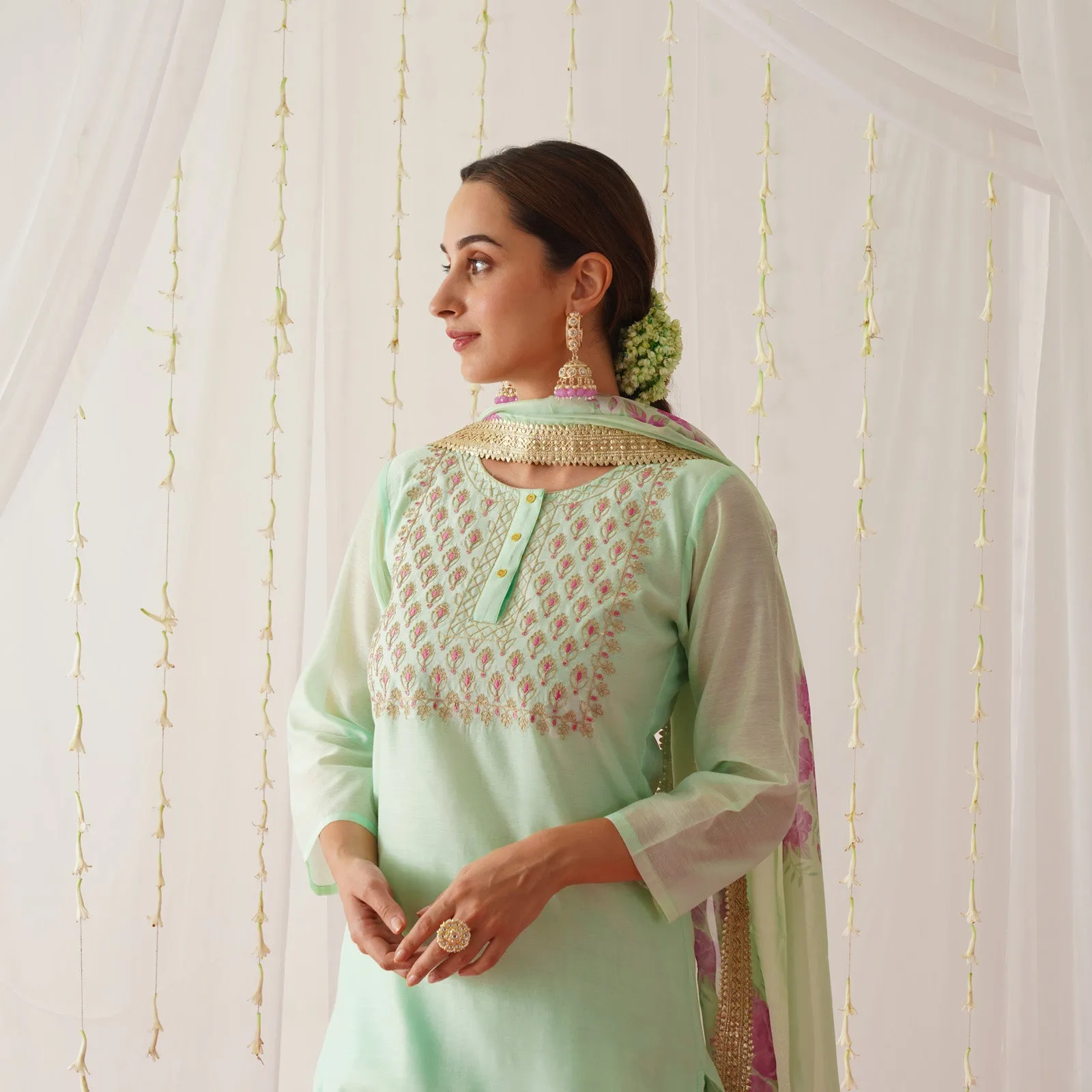 Mint Embroidered Chanderi Kurta Set for Women