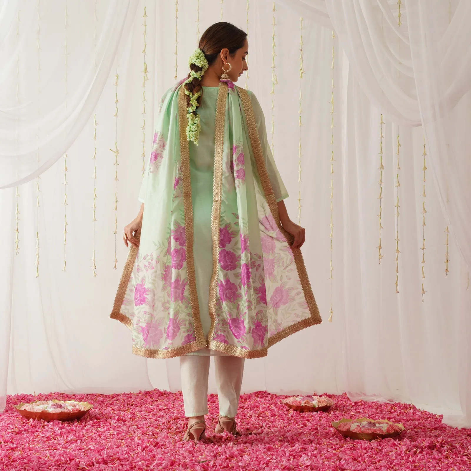Mint Embroidered Chanderi Kurta Set for Women