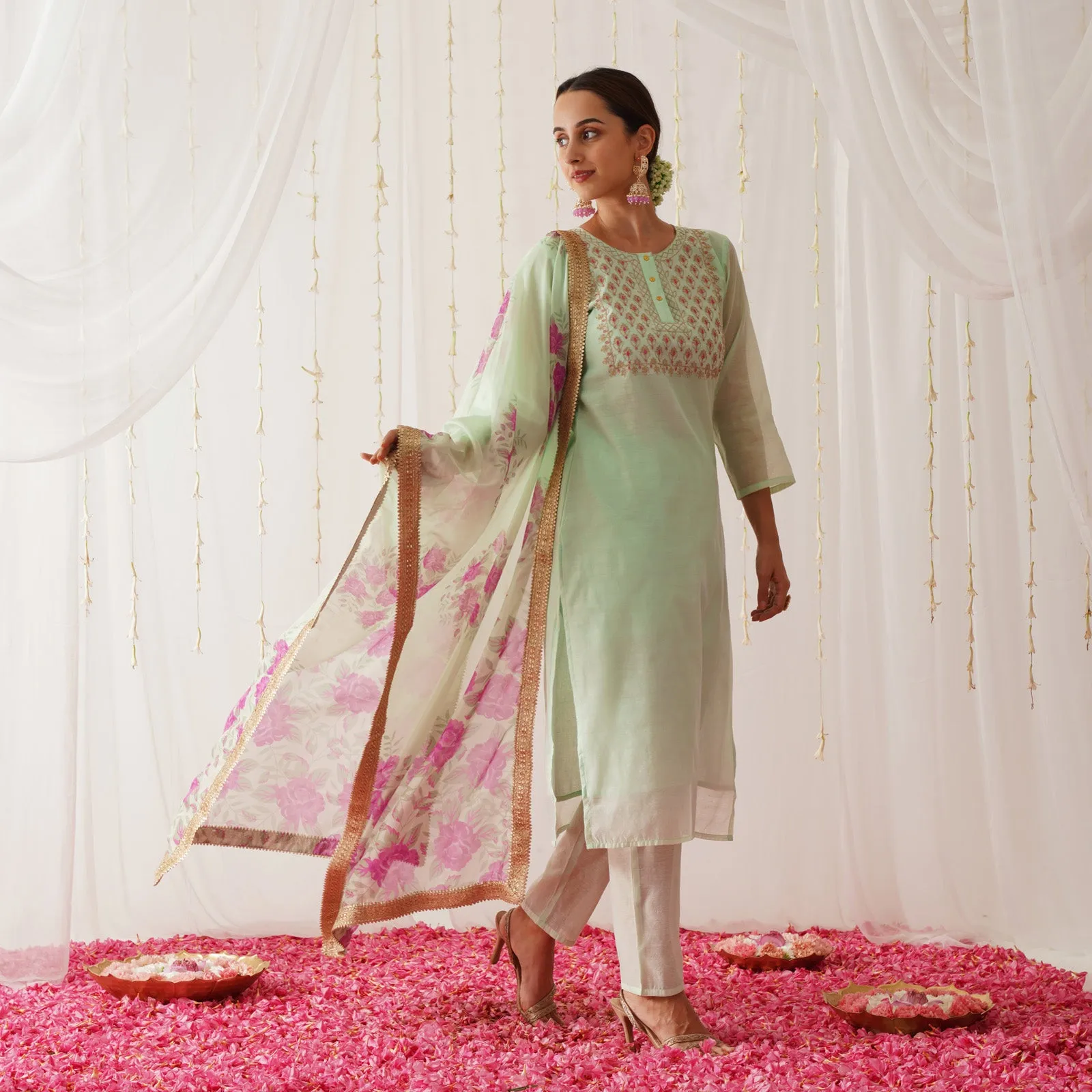 Mint Embroidered Chanderi Kurta Set for Women