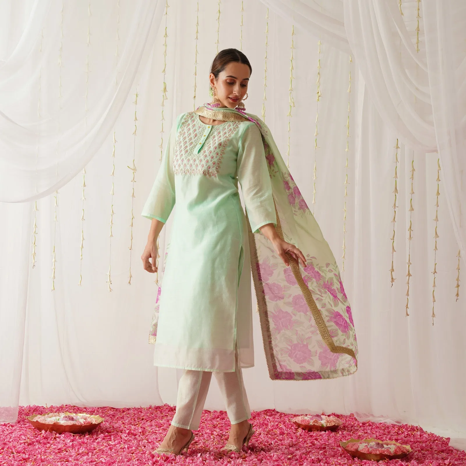 Mint Embroidered Chanderi Kurta Set for Women