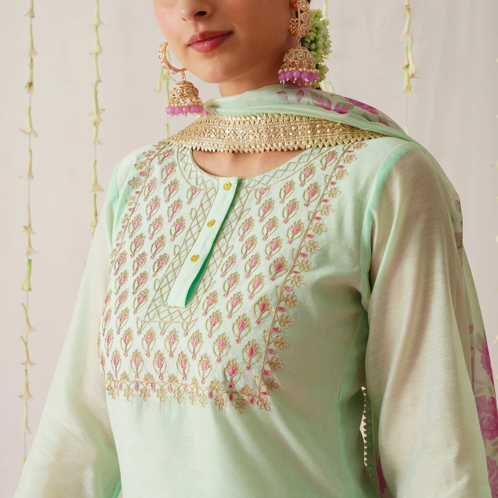 Mint Embroidered Chanderi Kurta Set for Women