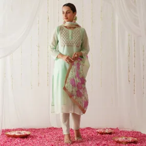 Mint Embroidered Chanderi Kurta Set for Women