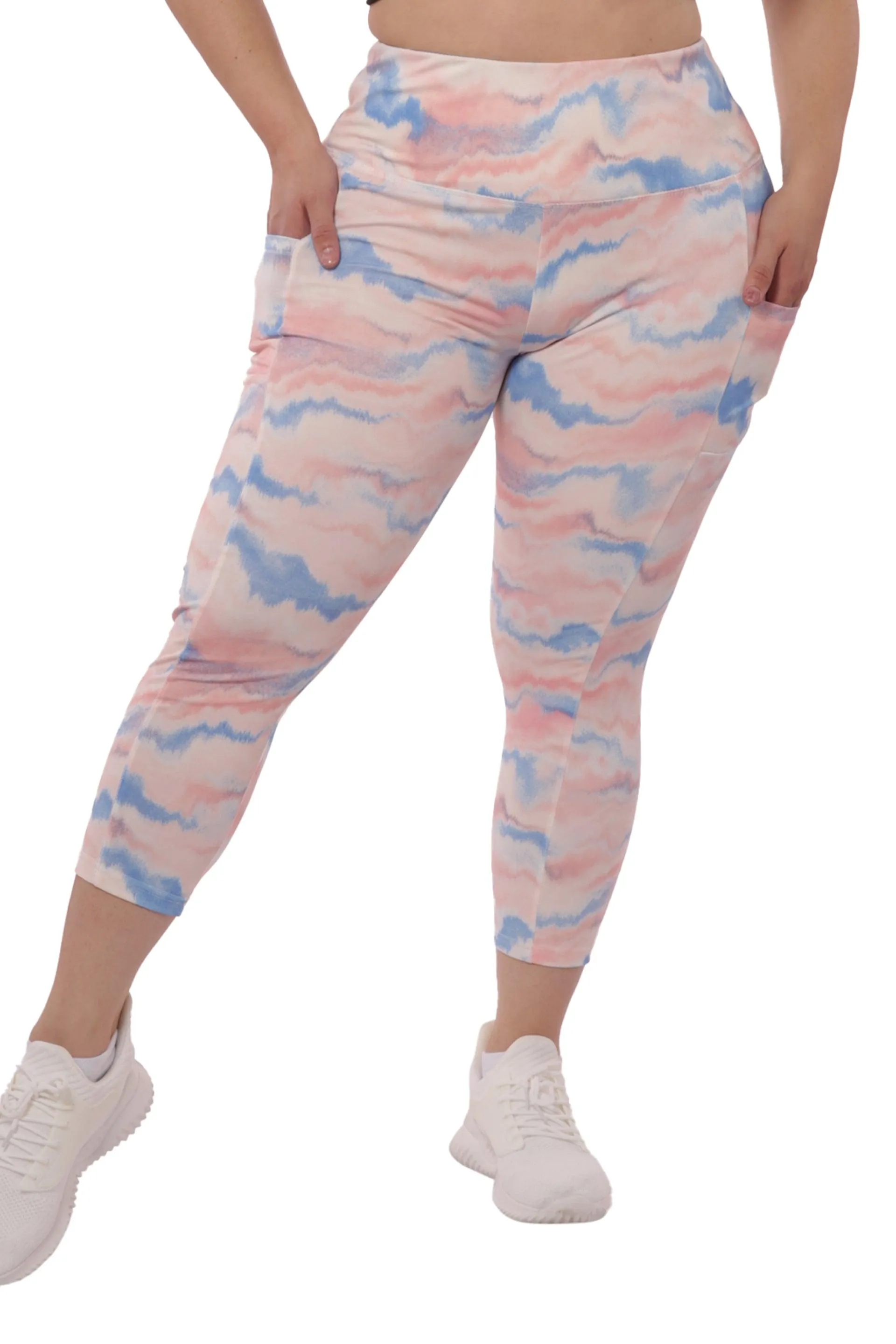 Plus Size High Waist Tummy Control Sports Leggings With Side Pockets - Pink & Blue Tie Dye