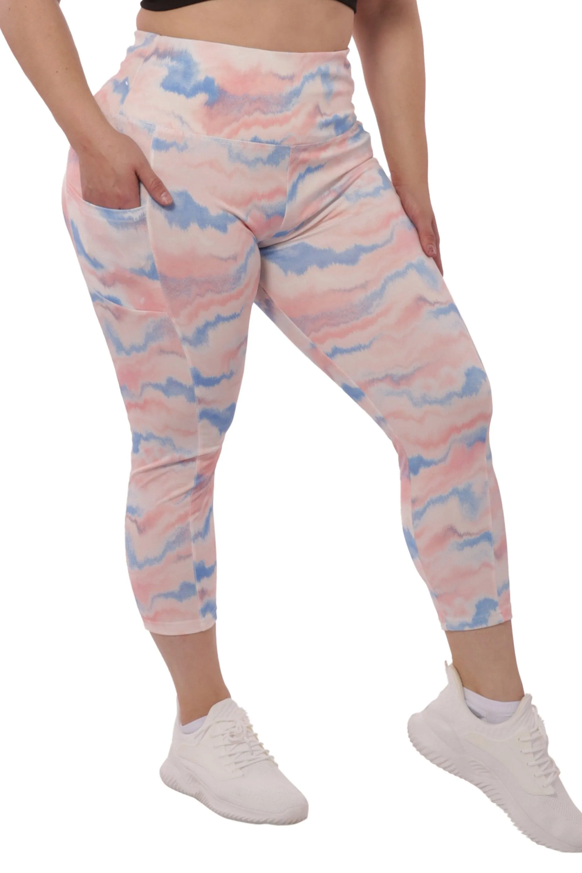 Plus Size High Waist Tummy Control Sports Leggings With Side Pockets - Pink & Blue Tie Dye