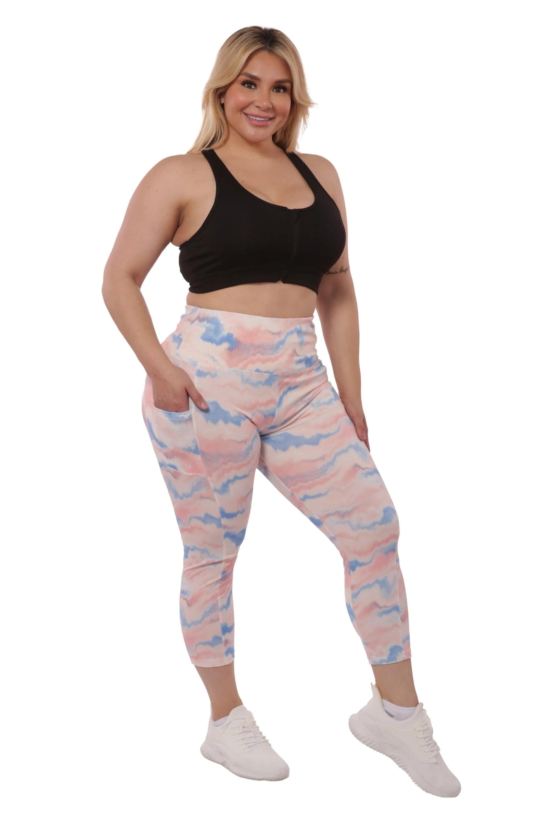 Plus Size High Waist Tummy Control Sports Leggings With Side Pockets - Pink & Blue Tie Dye