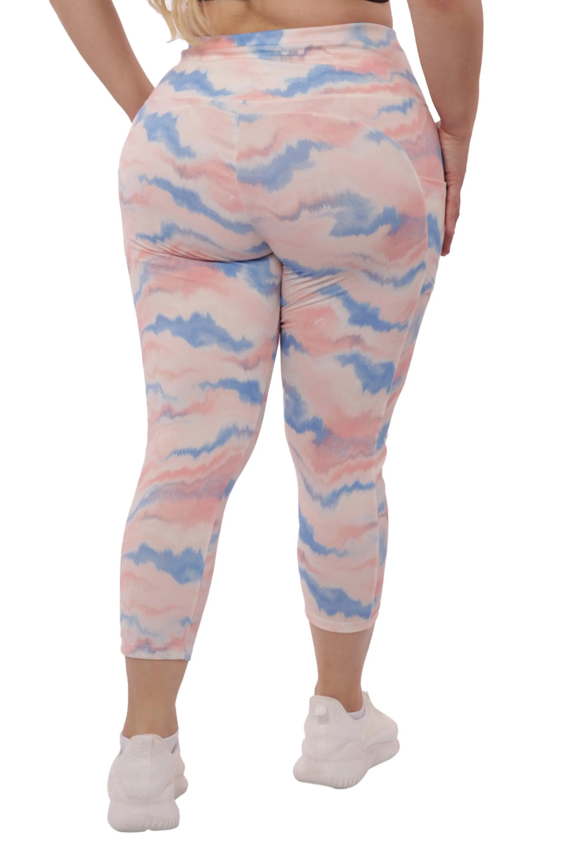 Plus Size High Waist Tummy Control Sports Leggings With Side Pockets - Pink & Blue Tie Dye