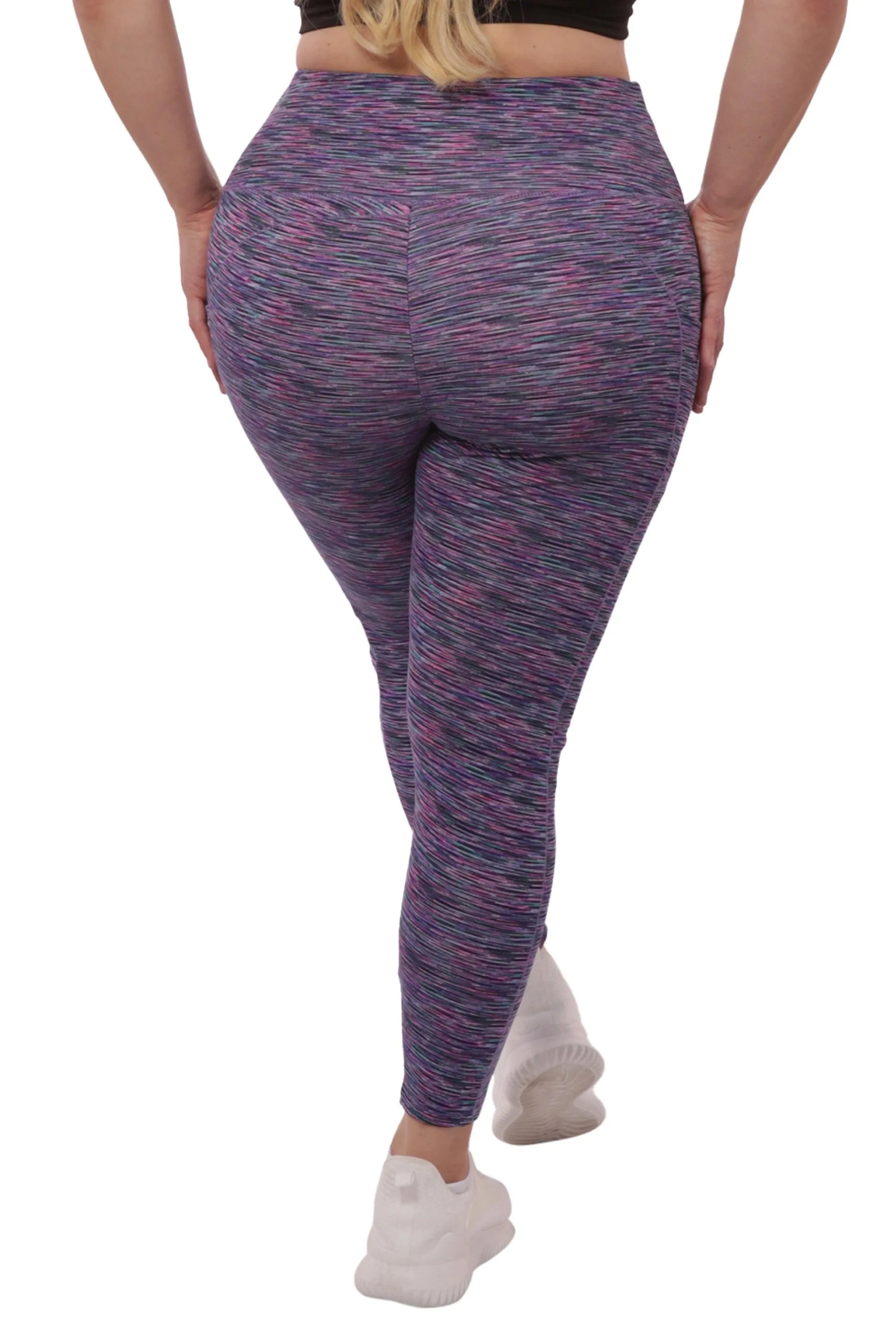 Plus Size High Waist Tummy Control Sports Leggings With Side Pockets - Pink, Teal Space Dye