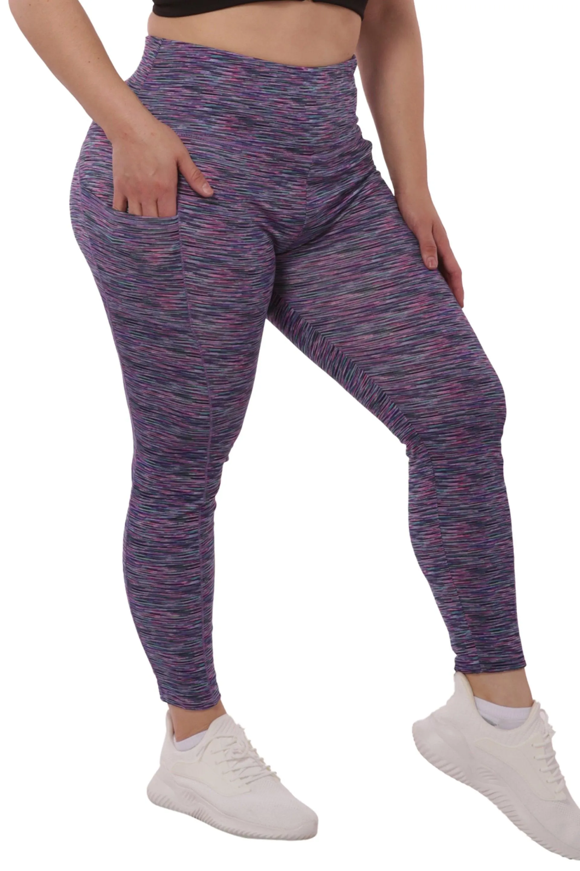 Plus Size High Waist Tummy Control Sports Leggings With Side Pockets - Pink, Teal Space Dye