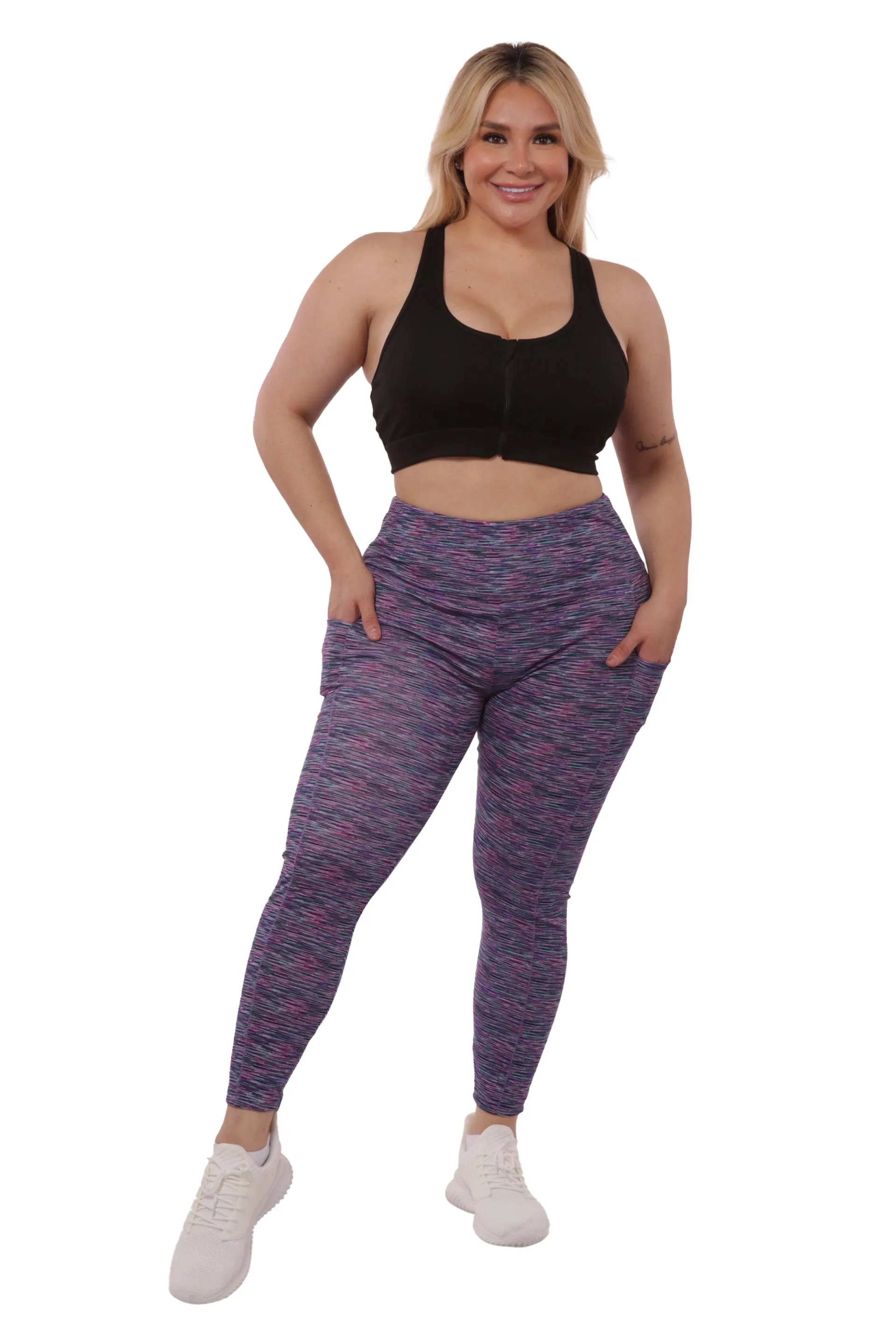 Plus Size High Waist Tummy Control Sports Leggings With Side Pockets - Pink, Teal Space Dye