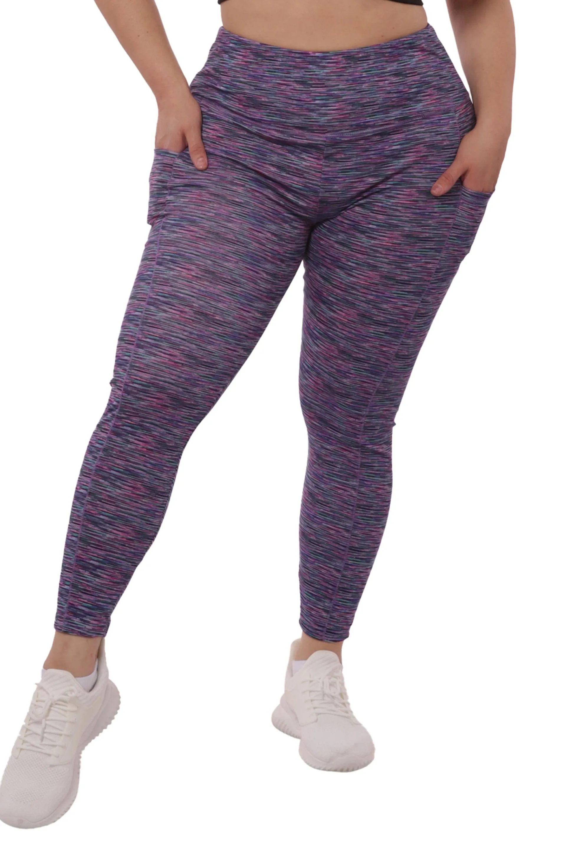 Plus Size High Waist Tummy Control Sports Leggings With Side Pockets - Pink, Teal Space Dye