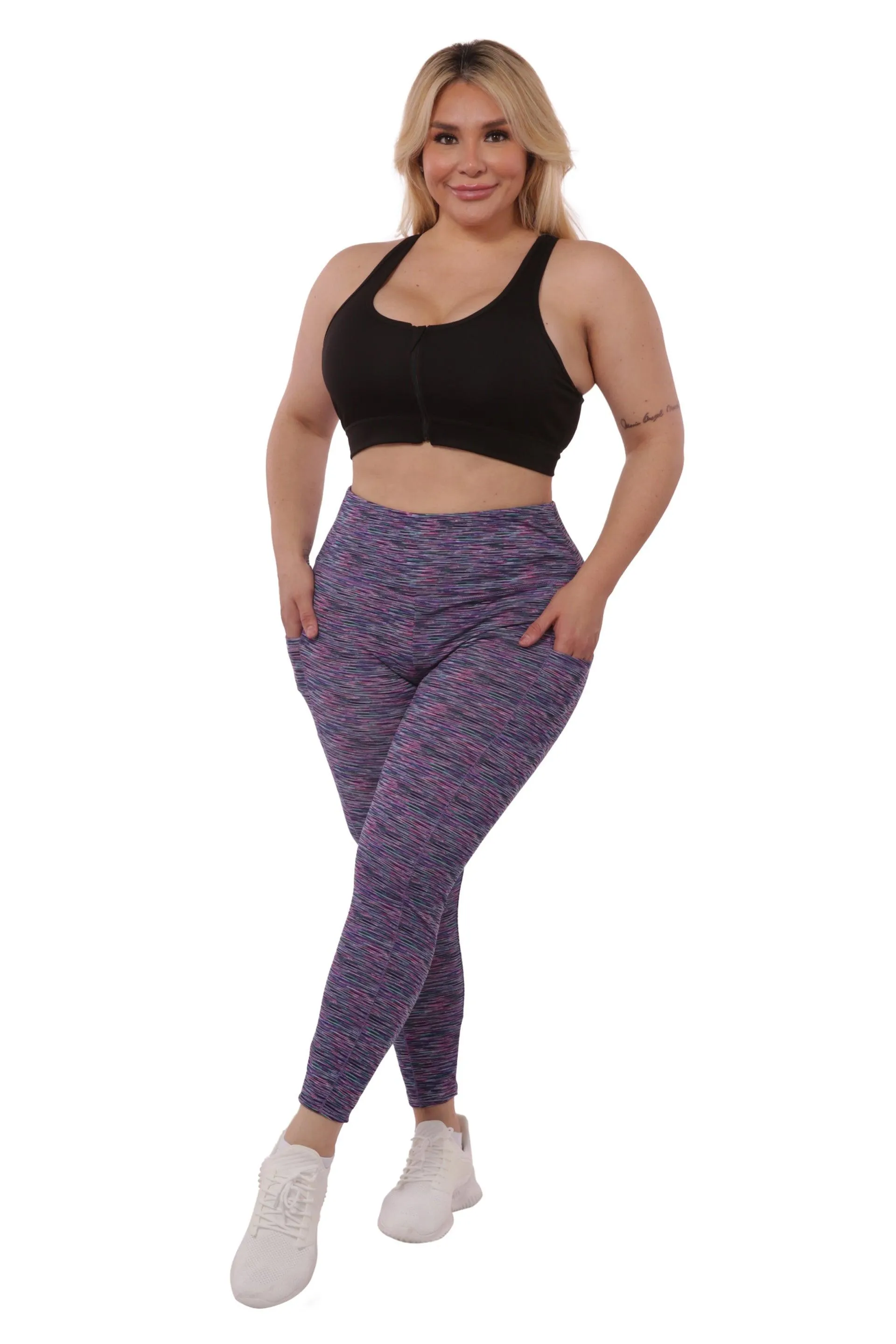 Plus Size High Waist Tummy Control Sports Leggings With Side Pockets - Pink, Teal Space Dye