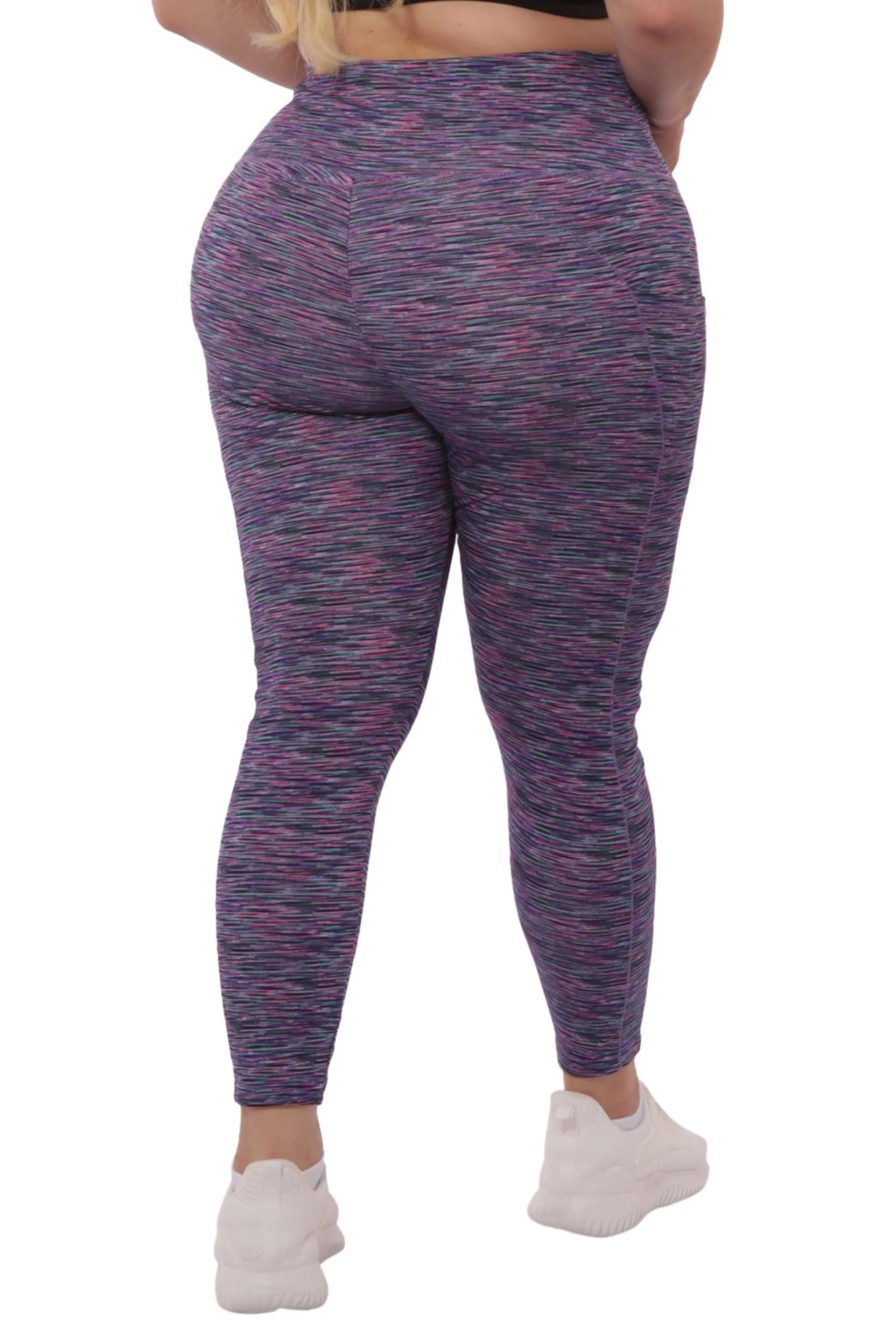Plus Size High Waist Tummy Control Sports Leggings With Side Pockets - Pink, Teal Space Dye