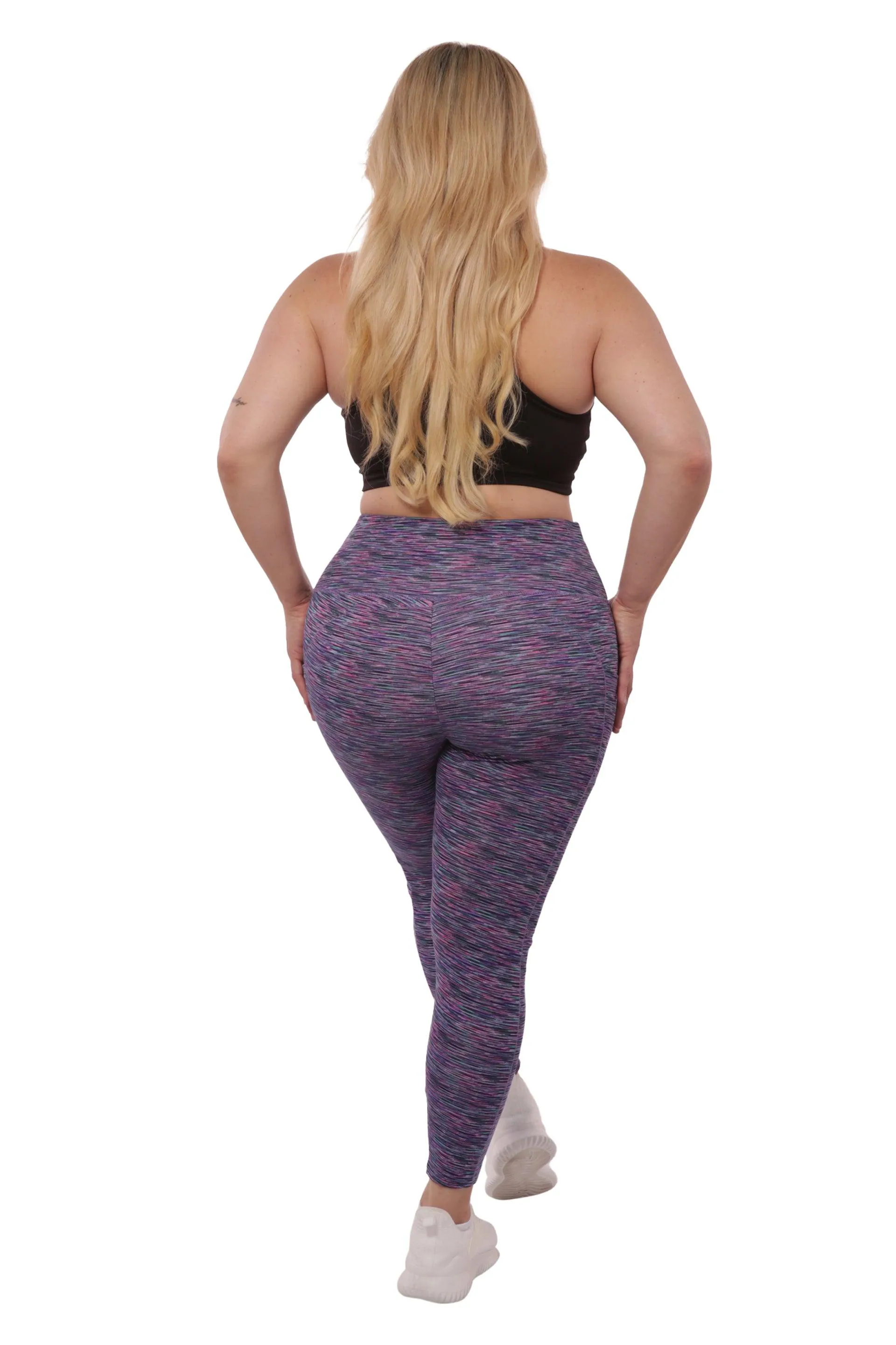 Plus Size High Waist Tummy Control Sports Leggings With Side Pockets - Pink, Teal Space Dye