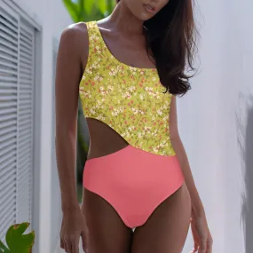 Vampire Art Chic Cut out One-Shoulder One Piece Swimsuit - Florals in Green and Pink