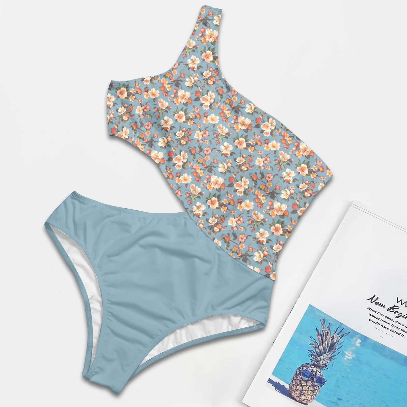 Vampire Art Chic Cutout One-Shoulder One Piece Swimsuit - Dusty Ditsy Blue