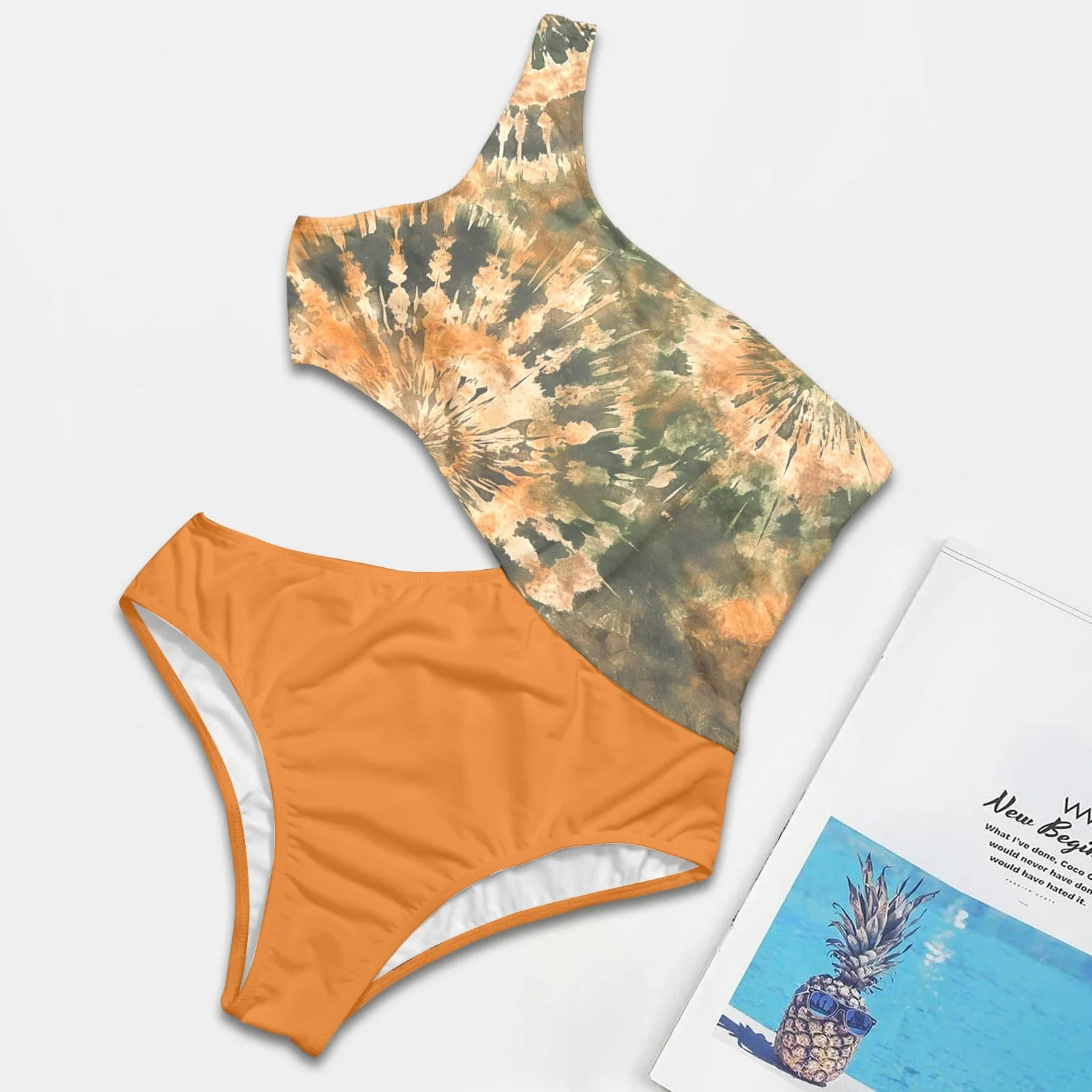 Vampire Art Chic Cutout One-Shoulder One Piece Swimsuit - Earthy Batik with Orange