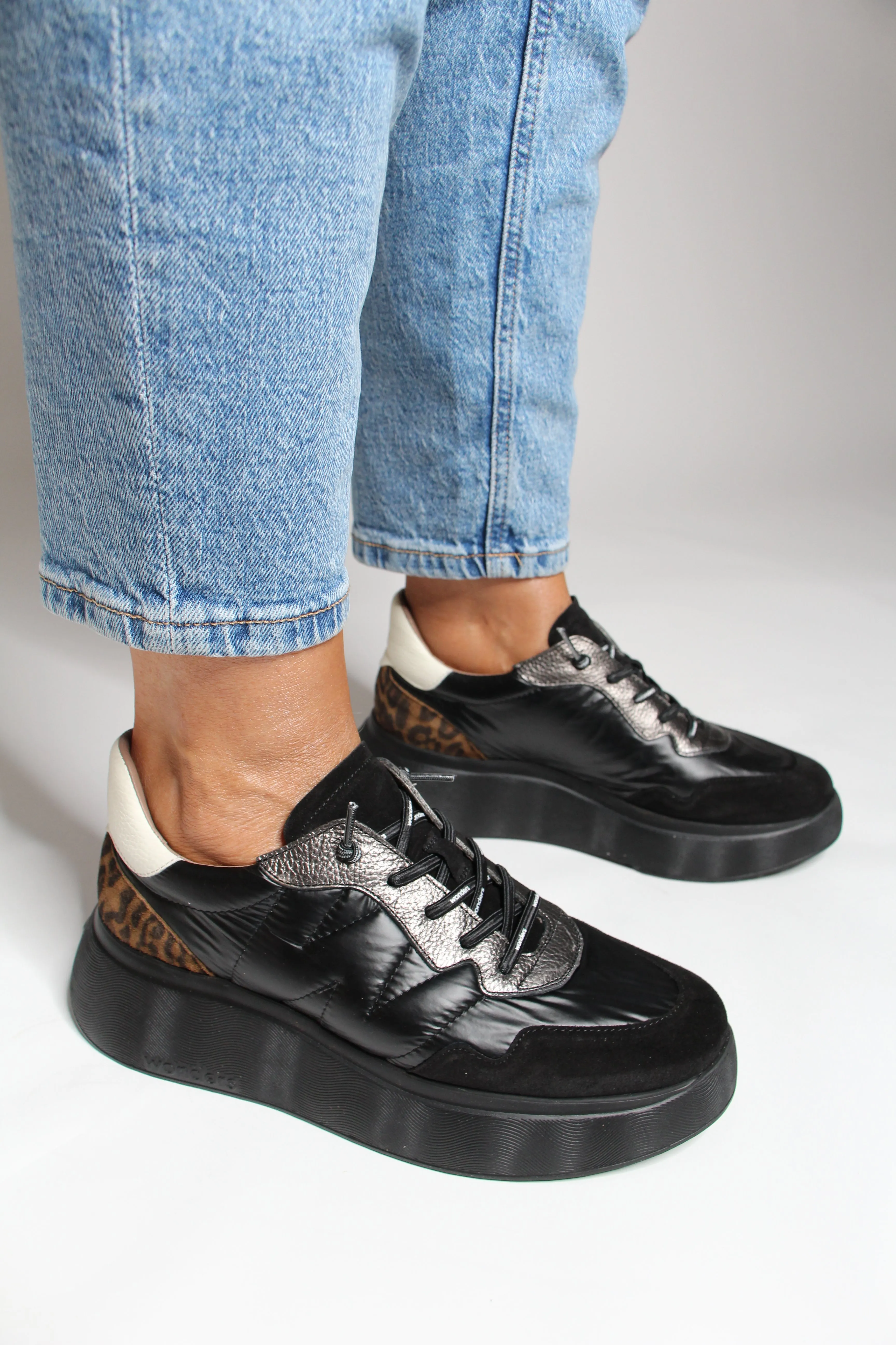 Wonders A -3610 Black  & Leopard  Chunky Trainer