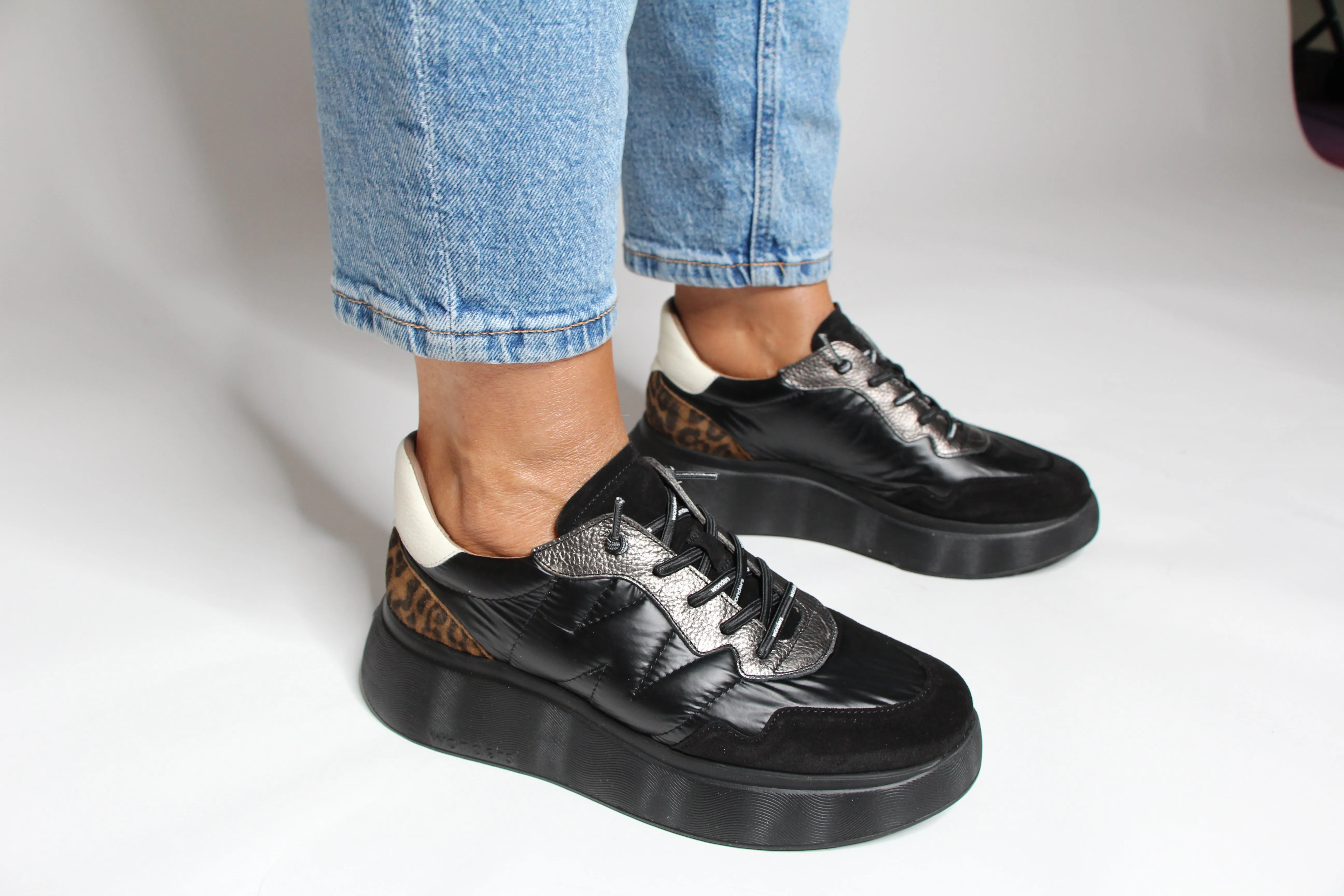 Wonders A -3610 Black  & Leopard  Chunky Trainer