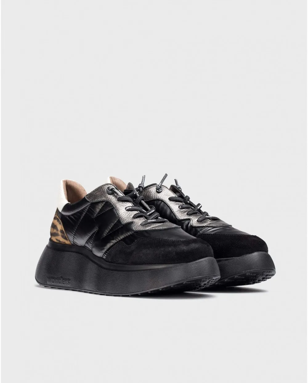 Wonders A -3610 Black  & Leopard  Chunky Trainer